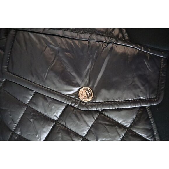 Michael Kors Women Sz M Black Faux-Fur-Trim Mixed Media Hooded Quilted Coat - Picture 13 of 16